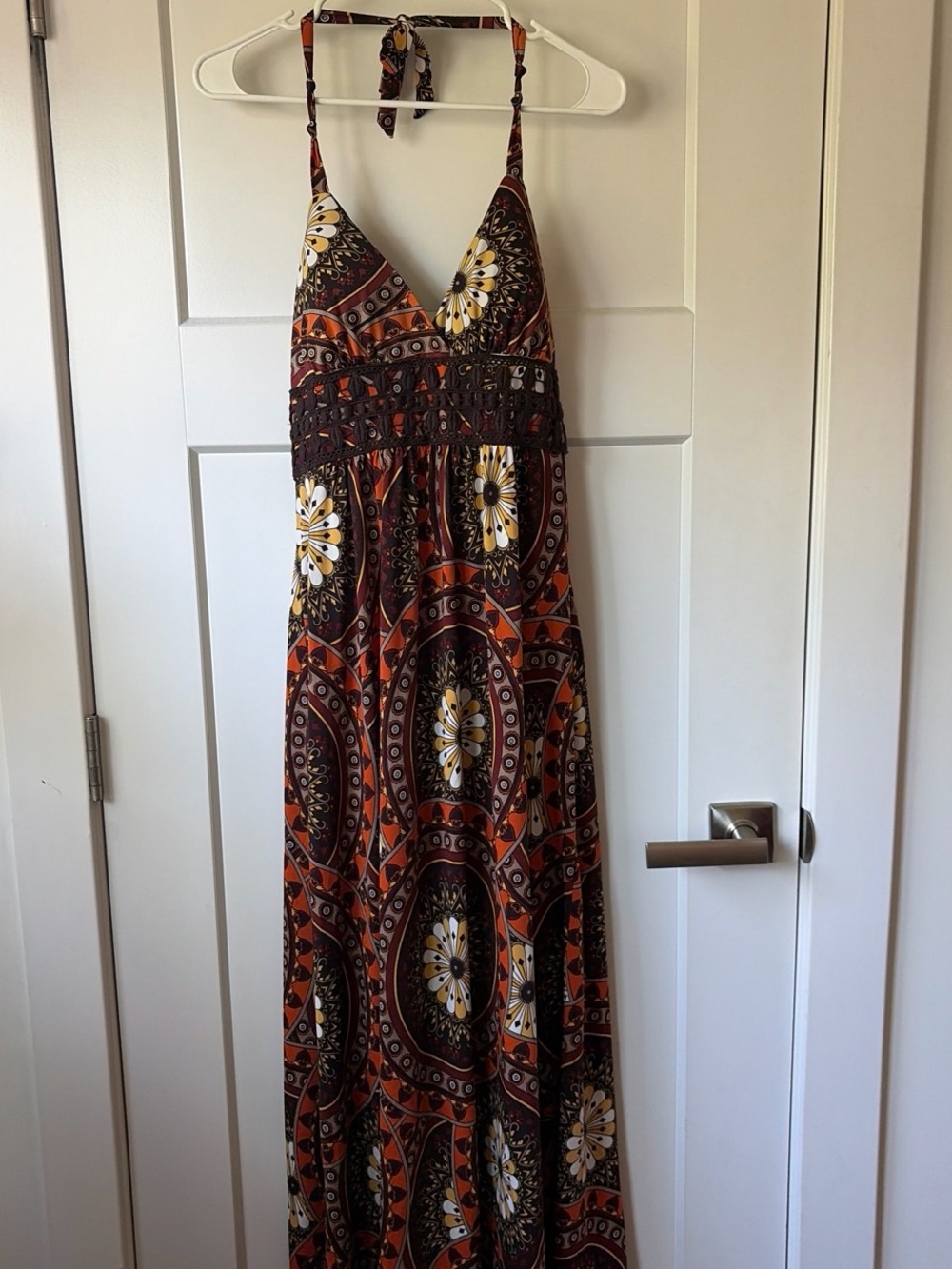 My Michelle Brown and Orange Boho Halter Maxi Dress